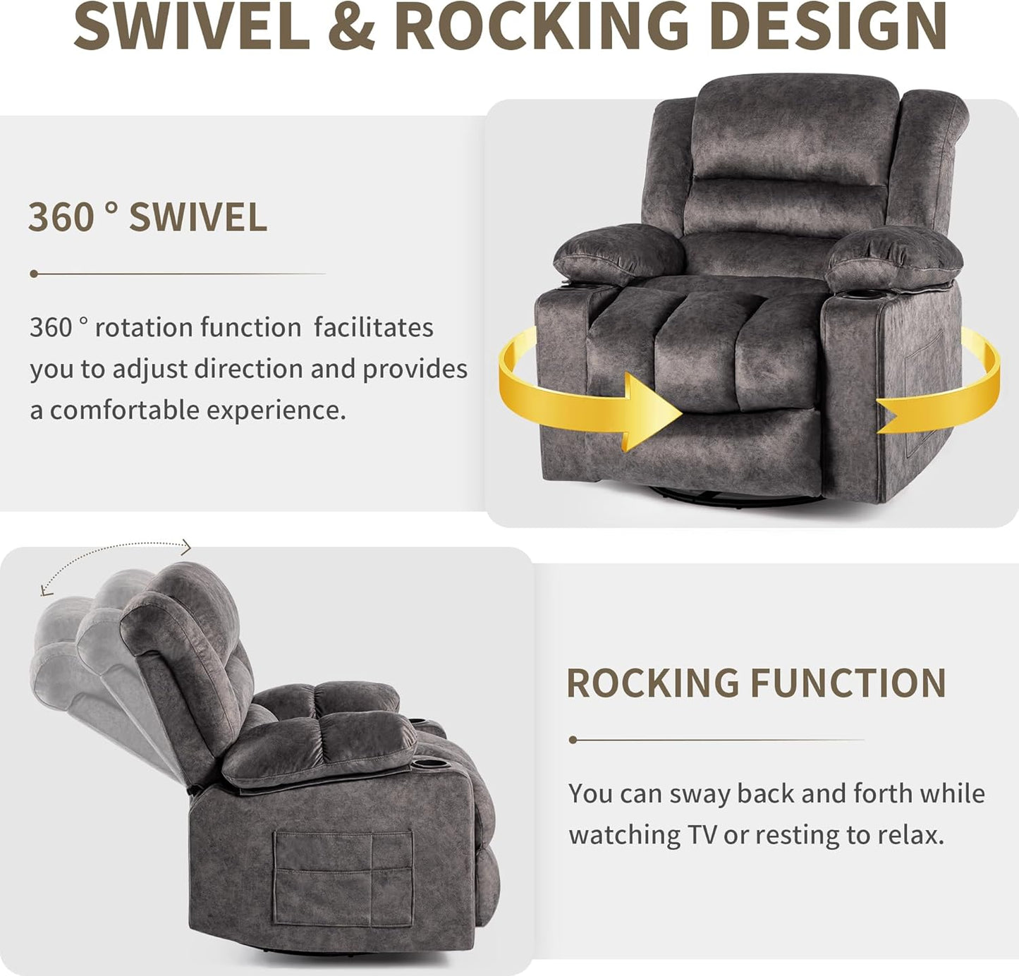 Recliner Chair Rocker Modern Ergonomic Lounge 360 Degree Swivel Single Sofa Seat Living Room Lounge Recliners on Clearance Foam Filling