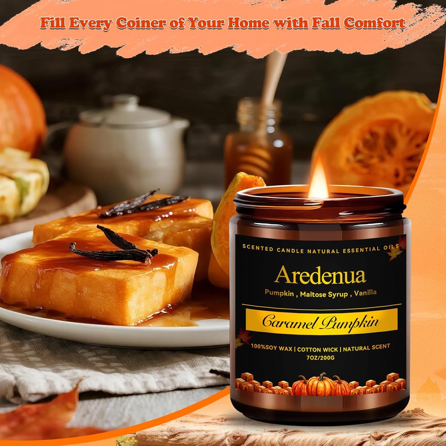 Fall Candles - Caramel Pumpkin Candle | Halloween Pumpkin Candles - Autumn7 OZ Autumn Soy Candle for Home Scented - Cozy Autumn Home Décor, Perfect Halloween & Thanksgiving Gift
