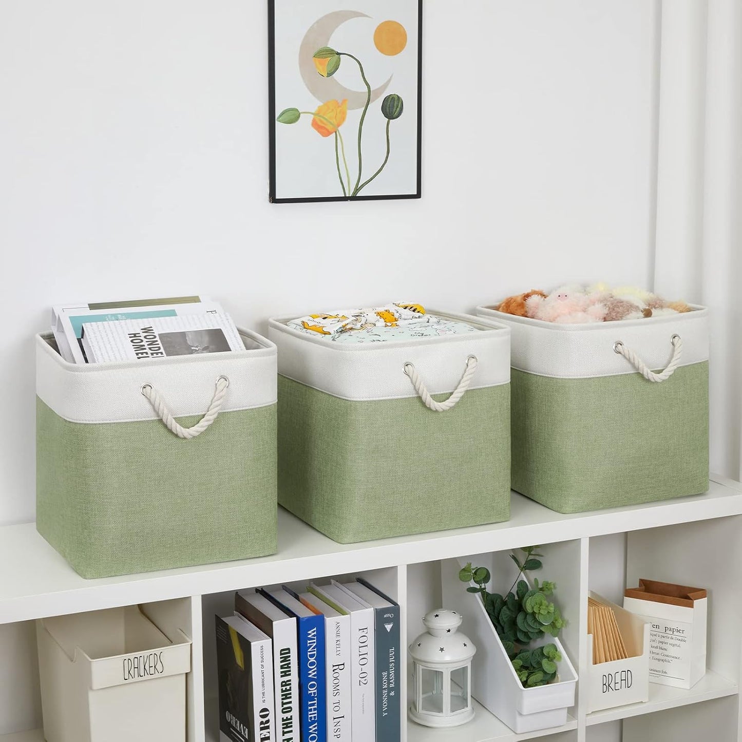 Bidtakay Cubby Storage Bins Set of 3 Fabric Baskets for Shelves Closet Drawer Organizer Storage Cubes 13x13 Collapsible Organization Baskets for Nursery Toy Shelf (White&green)