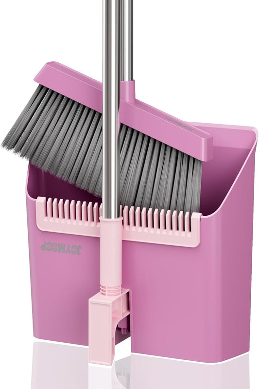 JOYMOOP Pink Broom and Dustpan Set, Upright Angle with Built-in Comb Teeth for Kitchen, Lobby, Pet