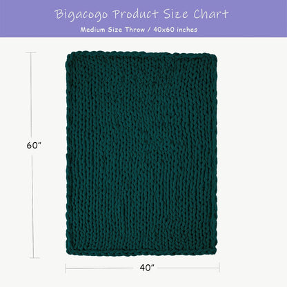 Bigacogo Chunky Knit Throw Blanket for Couch, 40x60 inches, 100% Hand Knitted with Thick Jumbo Chenille Yarn, Cozy Soft Large Rope Knot Cable Crochet Blankets for Sofa Bed Living Room, Dark Green