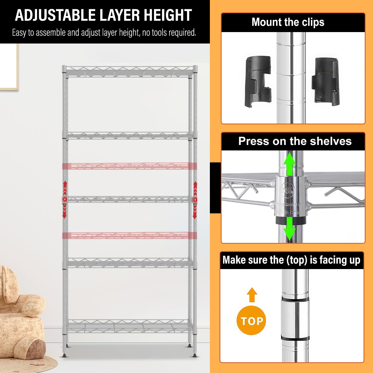 5-Tier Shelves Height Adjustable Storage Shelves Shelving Unit 21”Dx11”Wx48”H Wire Shelving NSF