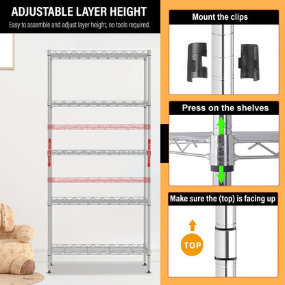 5-Tier Shelves Height Adjustable Storage Shelves Shelving Unit 21”Dx11”Wx48”H Wire Shelving NSF