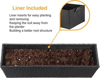 SUNNYPARK Set of 2 Large Rectangular Planter with Removable Liner, All-Weather PE Rattan Modern Planters Indoor Outdoor Flower Plant Pots Garden Box Patio Yard Front Porch Deck