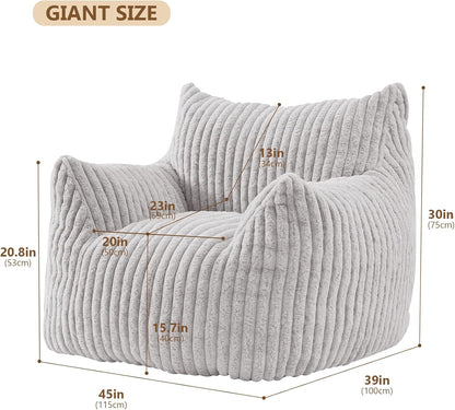 Giant Bean Bag Chairs for Adults Teens, Large Bean Bag Sofa Chairs with Filling Comfy Fuzzy BeanBag Chair with Armrests for Bedroom Living Room Reading (Light Gray, Large)