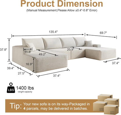 136" Sectional Couches for Living Room Modern Modular Sofa with L-Shape Couchs Upholstered Boneless Couch Deep Seat Sectional Couch with Chaise (White, Left Facing Chaise+3Seaters+Ottoman)