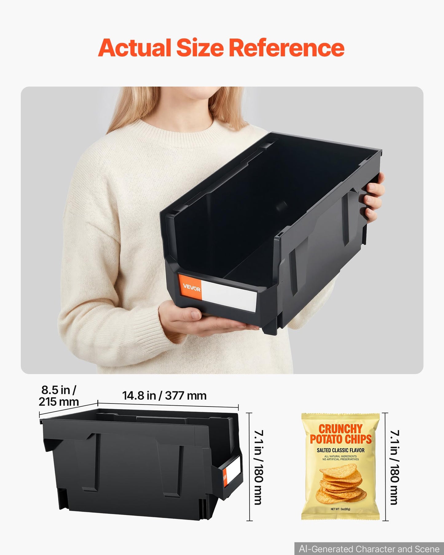 VEVOR Plastic Stackable Storage Bins, 14.8 x 8.5 x 7.1 inch (6 Pack), Plastic Containers for