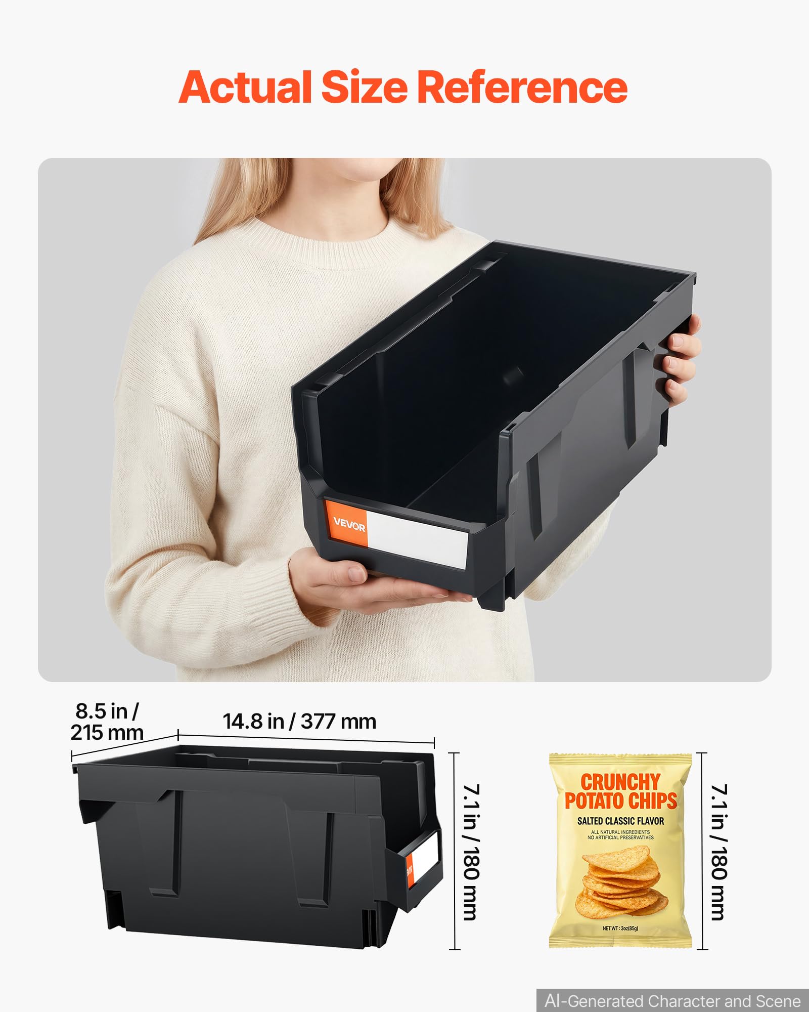 VEVOR Plastic Stackable Storage Bins, 14.8 x 8.5 x 7.1 inch (6 Pack), Plastic Containers for