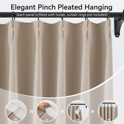 KangBang Pinch Pleat Blackout Curtains 102 Inches Long 2 Panels Set, 60 Inch Wide Pleated Thermal Insulated Draperies for Sliding Glass Door Cottage, Memory Trained Modern Decor, W60xL102, Taupe