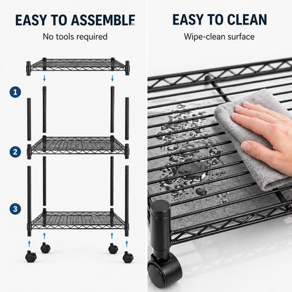 Simple Deluxe 3-Tier Heavy Duty Adjustable Storage Shelf with Wheels, 23.23”W x 13.39”D x 30.31”H