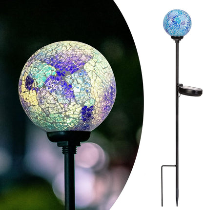 Afirst Solar Lights Outdoor Decorative Mosaic Gazing Ball Garden Stakes Decorative Lights Waterproof Glass Ball LED Pathway Stake Light for Pathway Yard Lawn Decoration Blue
