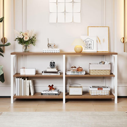 LVB Industrial Entryway Table, Farmhouse Rustic Console Table Behind Couch, Long Metal Sofa Table with Storage Shelf, Modern Hallway Table for Living Room Bedroom,White and Rustic Oak,63 inch