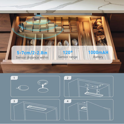 VST Rechargeable Drawer Lighting, Door Open Automatic ON/Off Light, Stick-ON LED Cabinet Light for Wardrobe Kitchen Basement Trunk Pantry Gun Safe (2 Pack, Warm Light - 3000K)