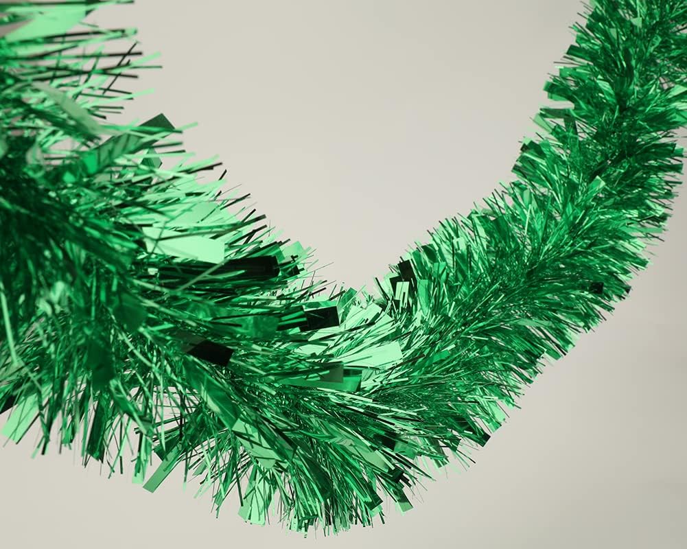 25 ft Long Roll Green Tinsel Twist Garland, Shiny Metallic Foil Decorations for Parade Floats, Halloween, Christmas Eve, New Year Parties (4" x 25' roll, Green)