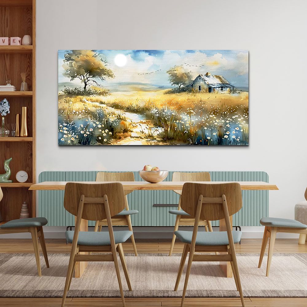 KELIYUAN Wildflower Field Landscape Painting Modern Canvas Print Wall Art Rural Field Mural Artwork Living Room Dining Room Wall Decoation For Bedroom Office Farmhouse Home Decoration 24x48 Inches