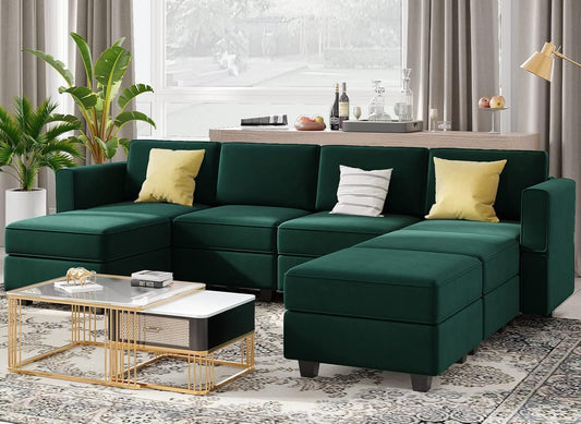 Belffin Modular Sectional Sofa U Shaped Sectional Couch with Reversible Chaises Velvet Modular Sofa with Storage Seat Green