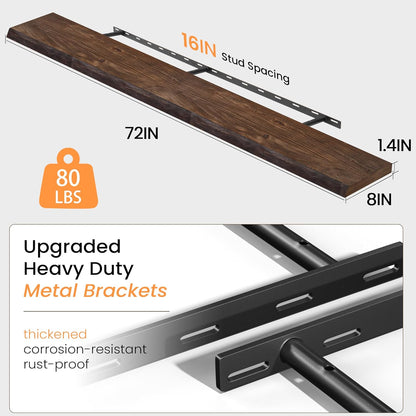 72 Inch Floating Shelves for Wall, Rustic Elm Wood Floating Shelves for Home Décor, Wall-Mounted Display Shelves with Heavy-Duty Bracket, Long Floating Shelf for Kitchen, Living Room, Walnut Finish