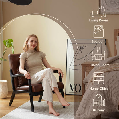 Accent Chair Mid Century Modern Armchair with Lumbar Support Pillow Wood Legs PU Leather Upholstered Lounge Chairs Comfy High Back Cushion for Living Room Bedroom