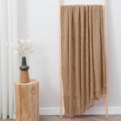 inhand Knitted Throw Blankets for Couch and Bed, Soft Cozy Knit Blanket with Tassel, Khaki Lightweight Decorative Blankets and Throws, Farmhouse Warm Woven Blanket for Men and Women, 50"x60"