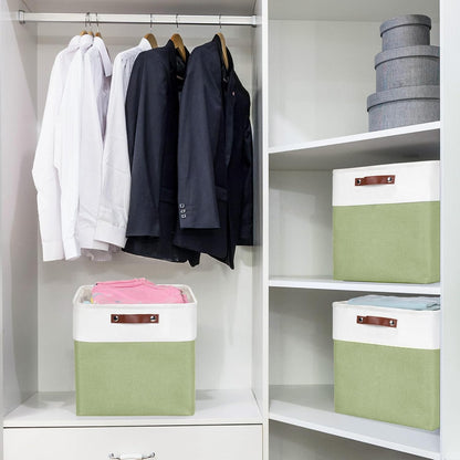 13x13 Cube Storage Bins, Collapsible Fabric Storage Box, 4 Pack Closet Baskets with Handles for Organizing, Shelf, Toys, Clothes, Home, Office, Nursery (Green&White)