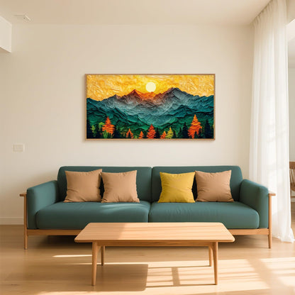 Abstract Sun Mountain Framed Canvas Wall Art Set, Forest Pine Tree Golden Sunset Wall Decor, Mixed Patchwork Landscape Art Print for Living Room, Bedroom, Dining Room, Office - 20"x40"