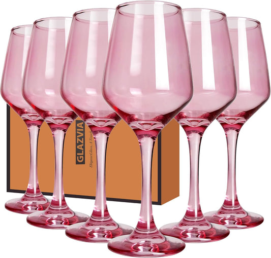 Pink Wine Glasses Set of 6-14oz Pink Long Stem Wine Glass, Pretty Crystal Glassware, Hand Blown