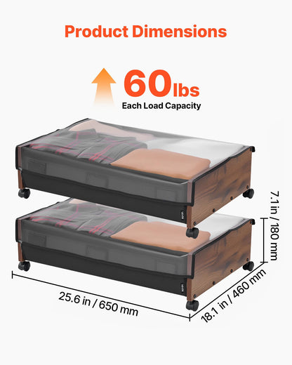 VEVOR Under Bed Storage with Wheels, 36.0 x 18.1 x 7.3 inch, Underbed Containers with Clear Lid