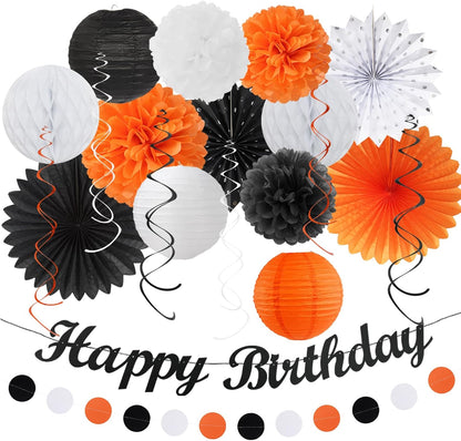 Black-White Orange Halloween Birthday Party-Decorations - 21pcs Happy Banner,Paper Lanterns Honeycomb,Tissue Pom Poms Flower Fan,Kids Classroom Hanging Streamers Garland Decor Supplies Huglony
