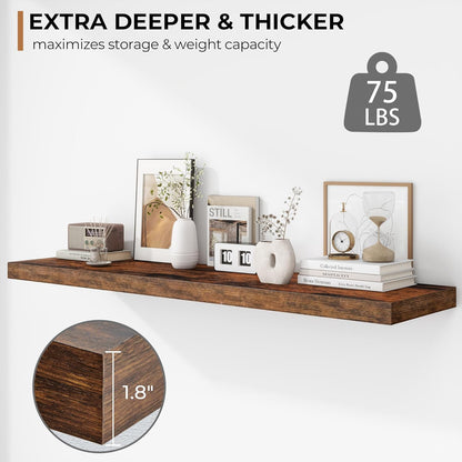 Fun Memories Floating Shelves - 12 Inch Rustic Wooden Wall Shelves - Extra Deeper & Thicker Wall Mounted Storage Shelf for Living Room, Kitchen, Farmhouse - 48" W x 12" D x 1.8" H - Brown