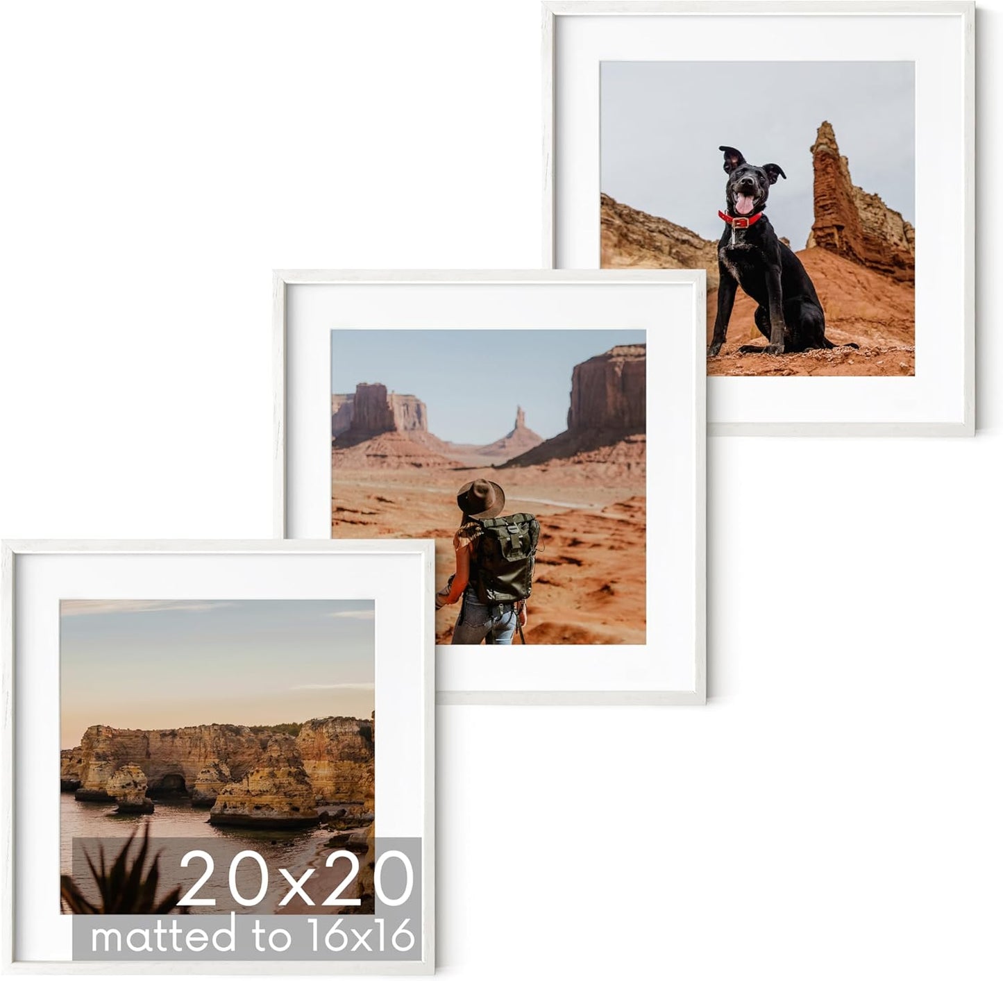 HAUS AND HUES Solid Oak Wood 20”x20” Picture Frames Matted to 16”x16” Set of 3-3 Piece White Square Frames, 20x20 White Picture Frames for Wall, White Frames 20 x 20, Gallery Wall Frame Set