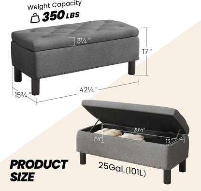 Furniliving Ottoman Bench with Storage, Folding Storage Ottoman Bench with Wood Legs, Upholstered Bedroom Bench with Button-Tufted, Entryway Bench Storage Bench for Bedroom, Linen (Darkgrey)