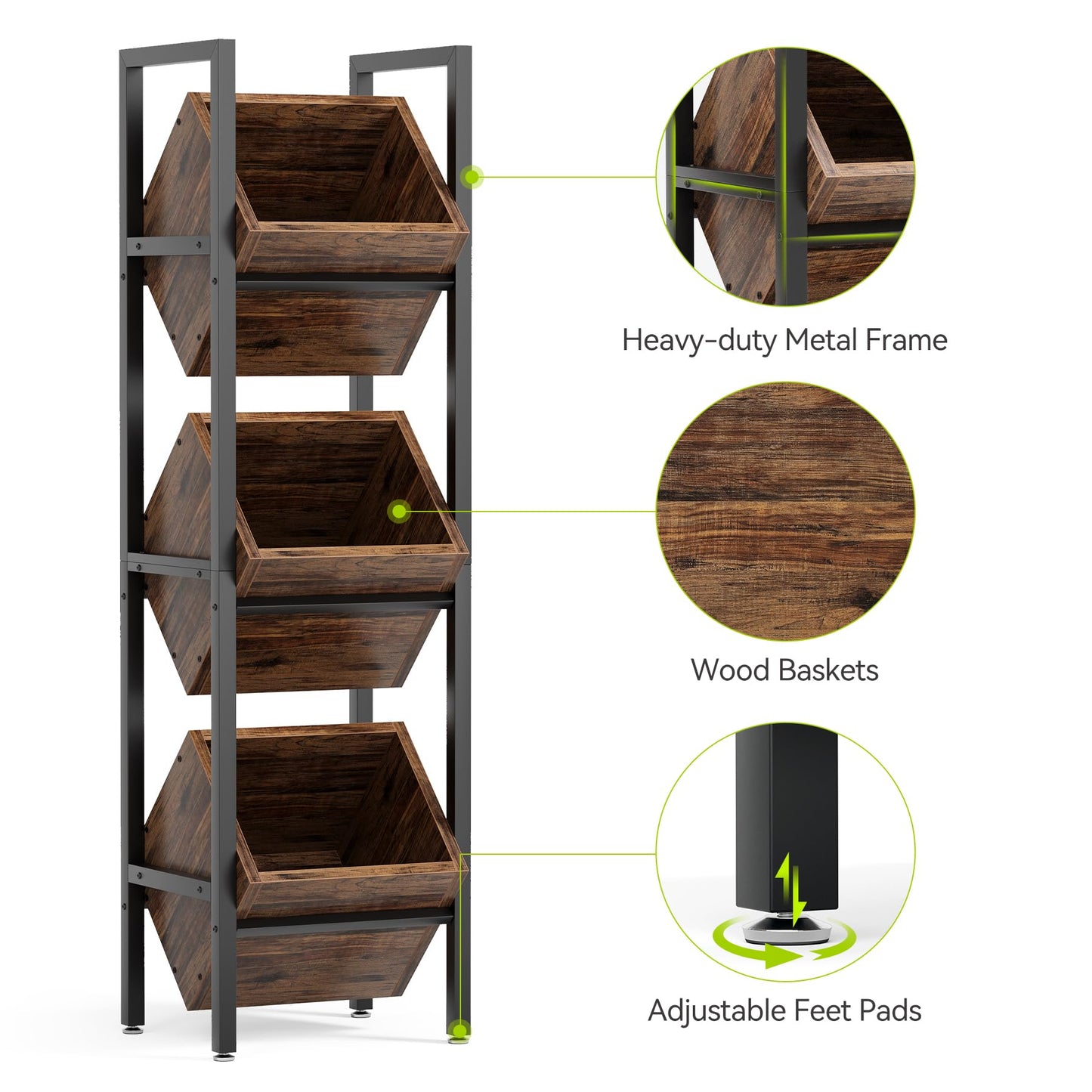 LITTLE TREE 3-Tier Basket Stand, Wooden Floor Stand Shelving Unit, Standing Organizer Storage Rack