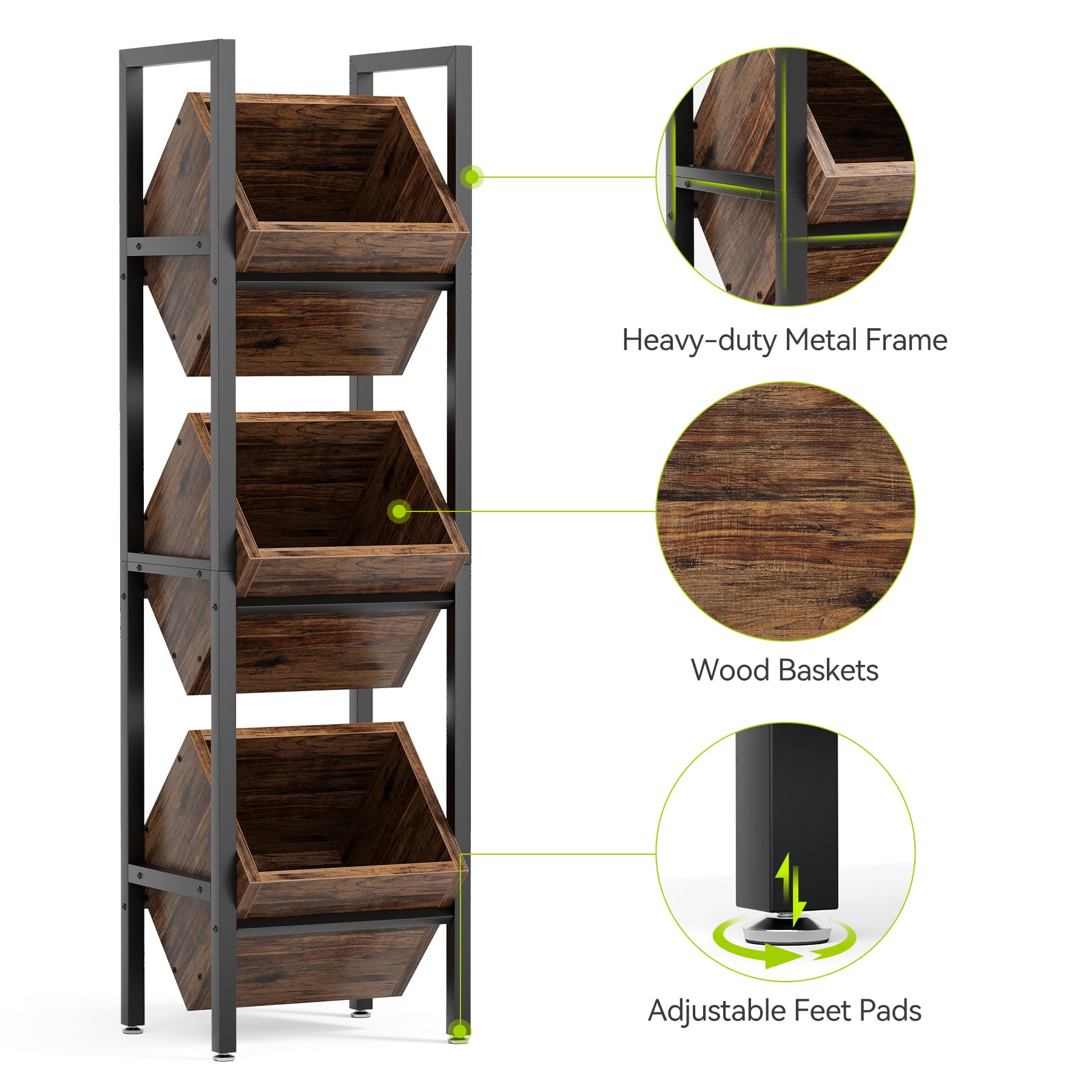 LITTLE TREE 3-Tier Basket Stand, Wooden Floor Stand Shelving Unit, Standing Organizer Storage Rack