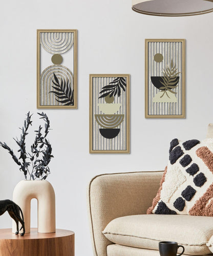 Putuo Decor Boho Abstract Wall Art, Set of 3, Modern Geometric Botanical Wooden Wall Decor, Mid-Century Minimalist Framed Artwork, Neutral Toned Aesthetic Prints, for Living Room, Bedroom, Office