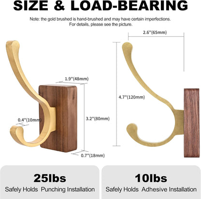 2 Pack Wooden Wall Hooks for Hanging, Adhesive Mounted Wall Mounted Boho Decorative Nature Wood Coat Hook for Towel Clothes Blanket Hat Backpack Robe Nursery Door Board Entryway Key Holder Gold