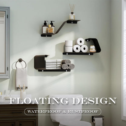 Floating Shelves, Wall Shelf, Set of 3 Wall Mounted Metal Shelves with Unique Design for Wall Storage, Book Shelf, Display Shelves for Bathroom Bedroom Kitchen Living Room for Home Black
