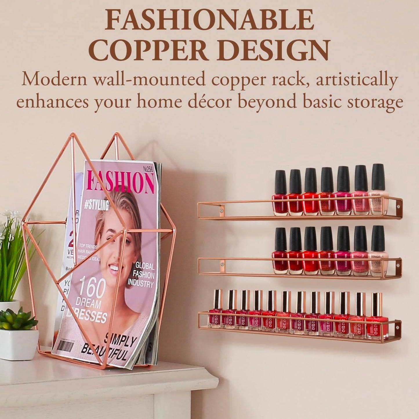 MyGift Modern Copper Metal Wall Mounted Display Racks, Set of 3