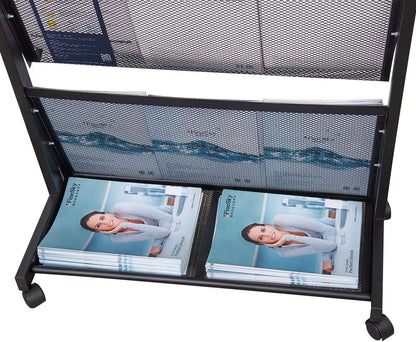 Floor Magazine Rack brochure Display Stand for Offices and Public Reception Area，Literature Rack with 4 Universal Wheels (70"×27×13.8")