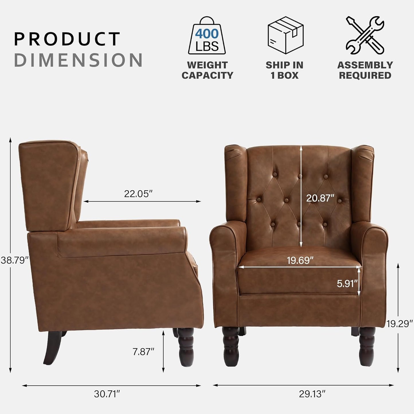 High Back Accent Chair,Upholstered Faux Leather Wingback Armchair with Solid Wood Legs for Small Spaces,Comfy Single Sofa Chair for Living Room,Bedroom,Office-Brown