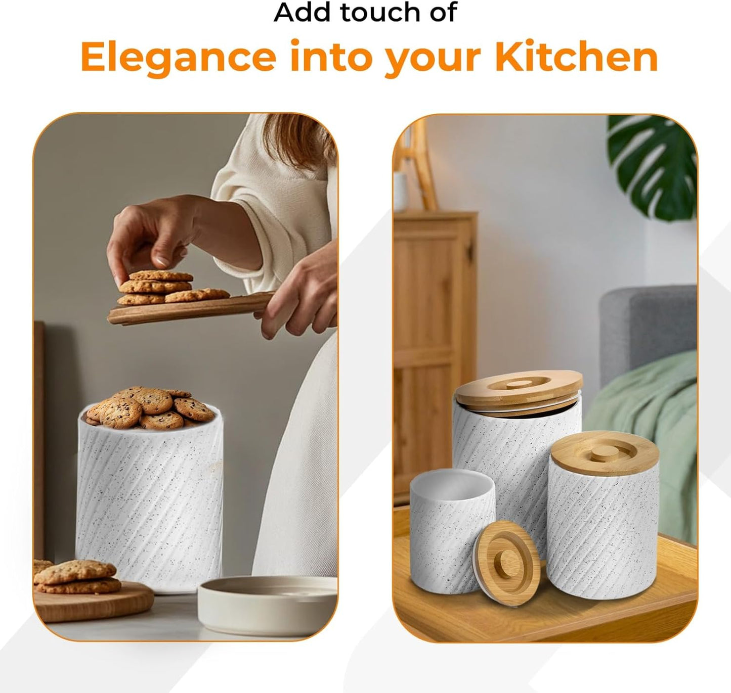 Ceramic Canister Set for Kitchen Countertop & Pantry – 3 Airtight Food Storage Containers for Flour, Sugar & More – Durable White Ceramic with Bamboo Lids