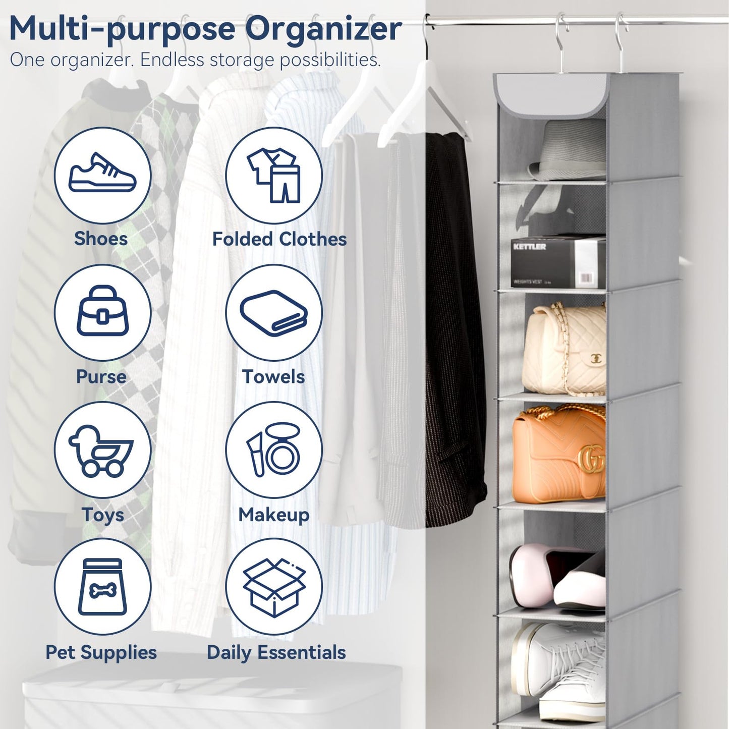 Whitmor Hanging Shoe Organizer, 8 Shelves-Hanging Closet Organizer, Hanging Shoe Rack for Small
