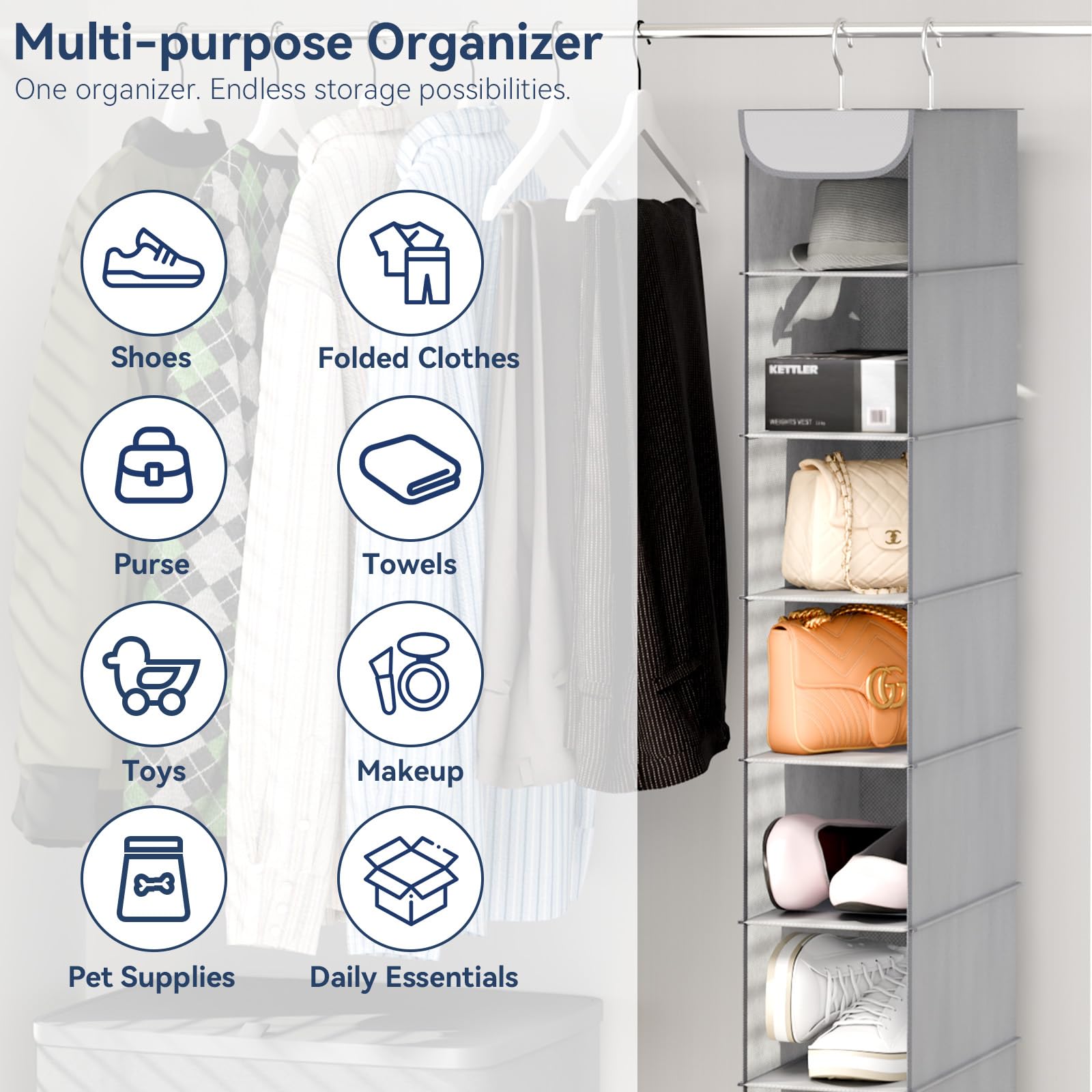 Whitmor Hanging Shoe Organizer, 8 Shelves-Hanging Closet Organizer, Hanging Shoe Rack for Small