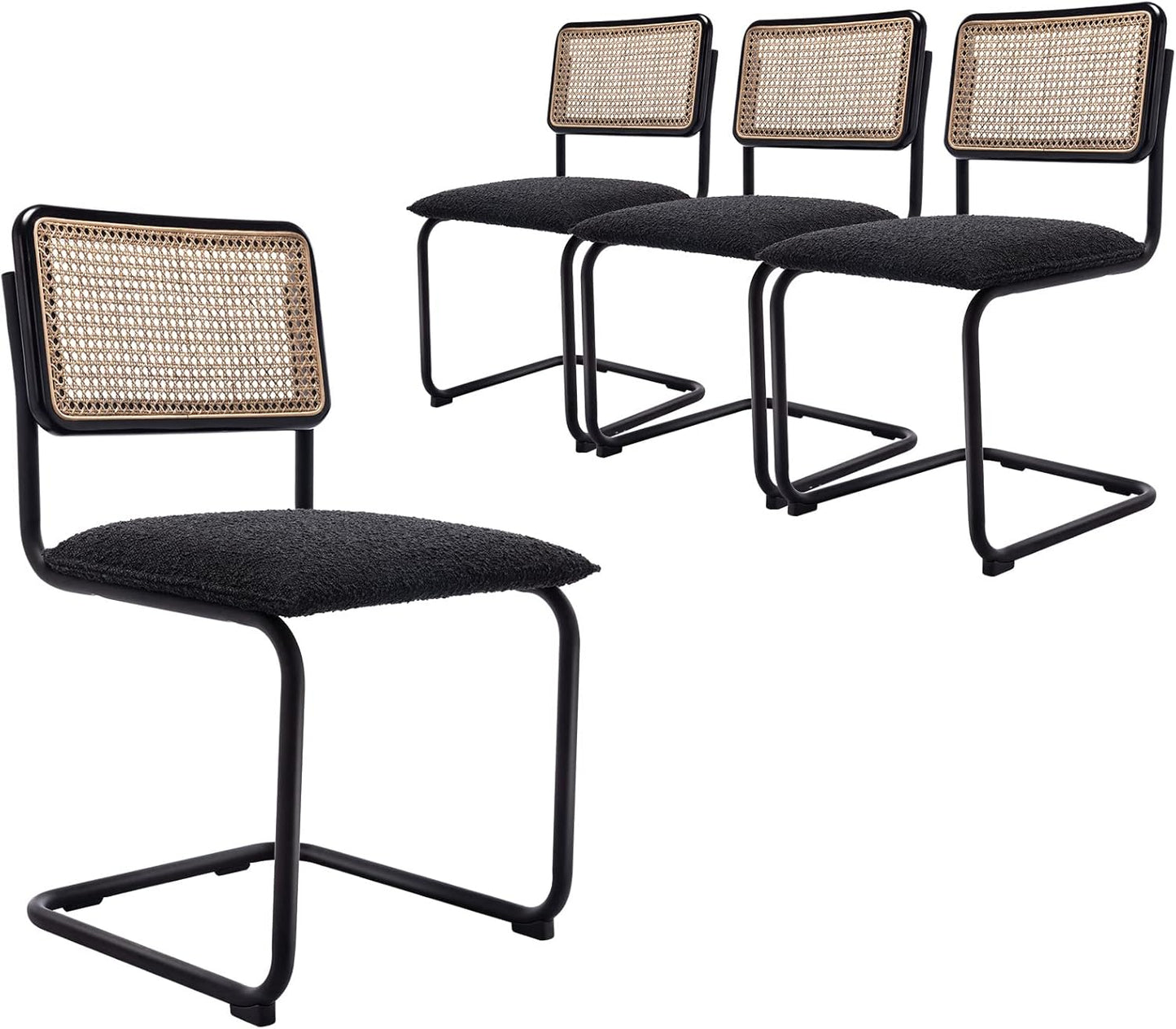 Mid Century Modern Rattan Dining Chairs Set of 4, Boucle Kitchen Chairs with Handwoven Mesh Rattan Backrest and Metal Legs, Upholstered Accent Side Chairs, Black