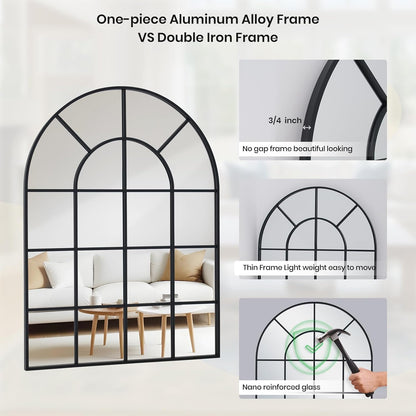Arched Windowpane Wall Mirror 30"x48" Black Wall Mounted Art Pane Mirror Farmhouse Decorative Mirror Leaning Hanging Wall Mirror for Bedroom Living Room Entrance Hallway Wall Decor
