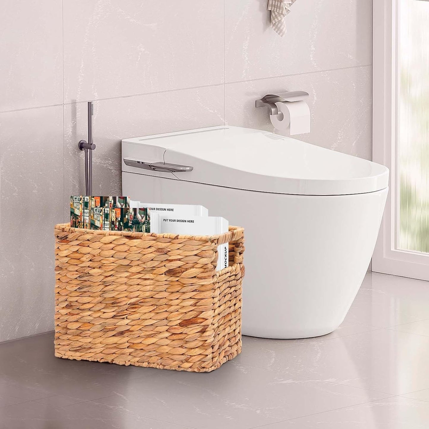 Magazines Holder Basket - Wicker Magazine Basket, Handwoven Magazine Holders for Bathroom,Home Magazine Storage Basket, Water Hyacinth Magazine Rack Organizer for Books, Newspapers, Narrow Rectangle