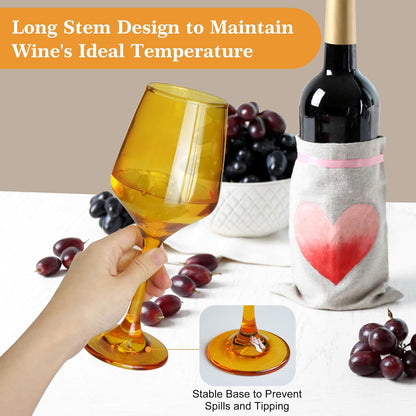 Amber Wine Glasses Set of 6-14oz Long Stem Wine Glass, Pretty Crystal Glassware, Hand Blown Goblets Drinkware, Unique Stemware Wine Glass Holiday Gift Set