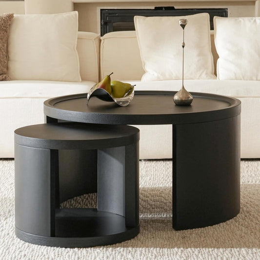 Round Nesting Coffee Table Set of 2,31.5" Large & 18" Small Low Tables with Wood Look