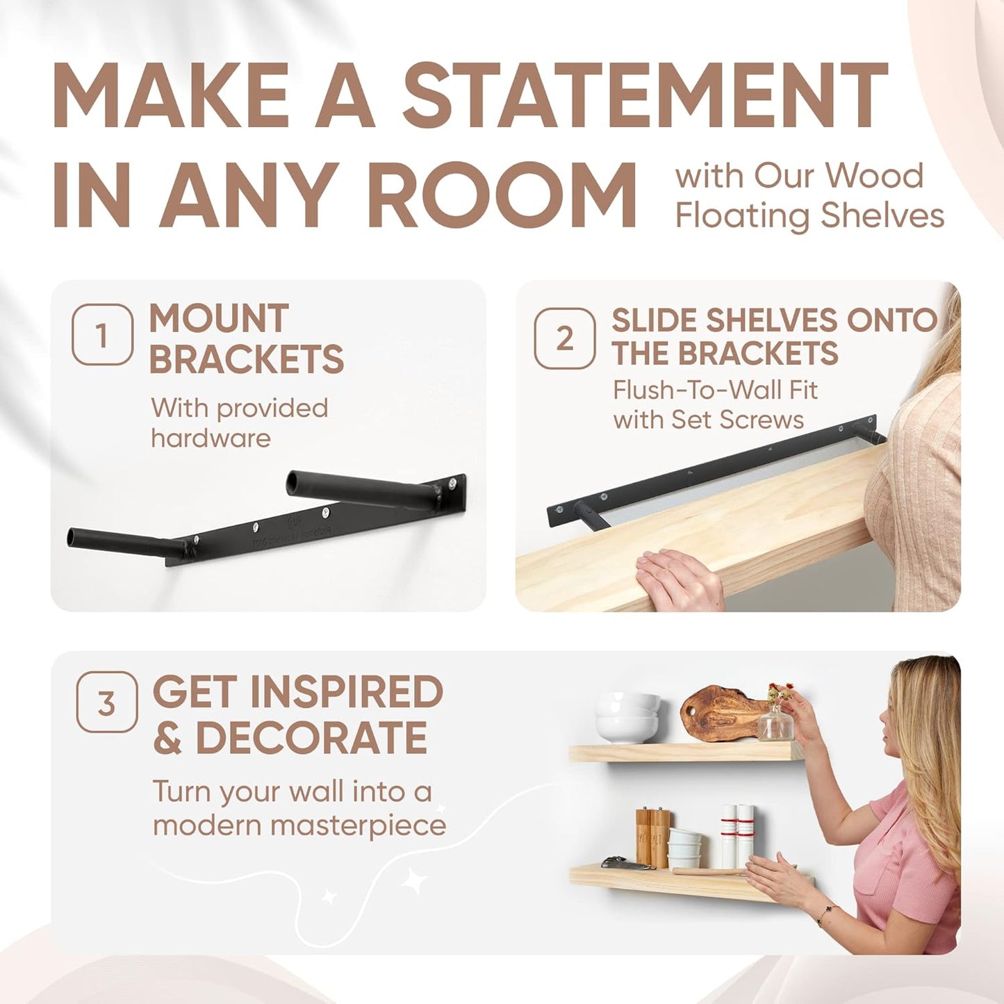 Homeforia 24 inch Natural Floating Shelf, High End Solid Real Wood 24inch Small Floating Shelves for Wall Mounted, Natural Wooden Floating Shelves, Heavy Duty Bracket, 24 X 6.5 X 1.75 in, Set of 2