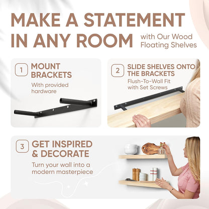 Homeforia 24 inch Natural Floating Shelf, High End Solid Real Wood 24inch Small Floating Shelves for Wall Mounted, Natural Wooden Floating Shelves, Heavy Duty Bracket, 24 X 6.5 X 1.75 in, Set of 4