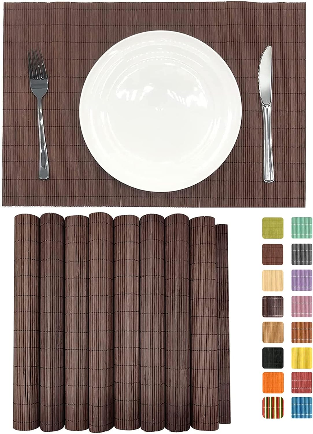 ANDSTAR Set of 8 Pcs Bamboo Placemats Sushi Rolling Mat Japanese Style Natural Anti-Slip Bamboo Placemats Washable Heat-Resistant Table Mats for Dining Room and Kitchen（Chocolate）